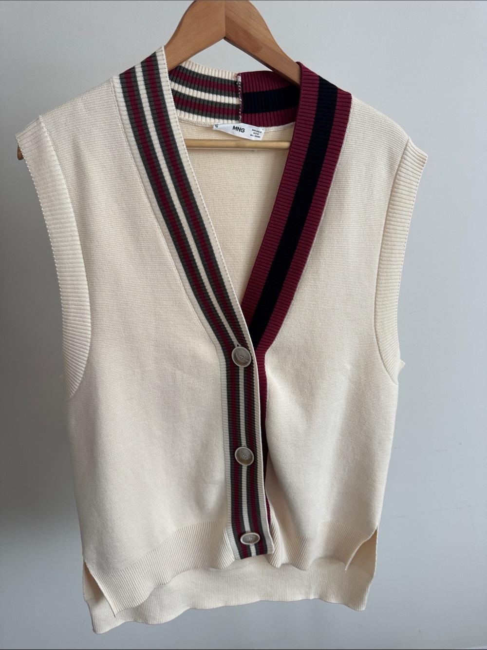 Mango Cream V-Neck Sweater Vest with Burgundy and Black Stripe Trim